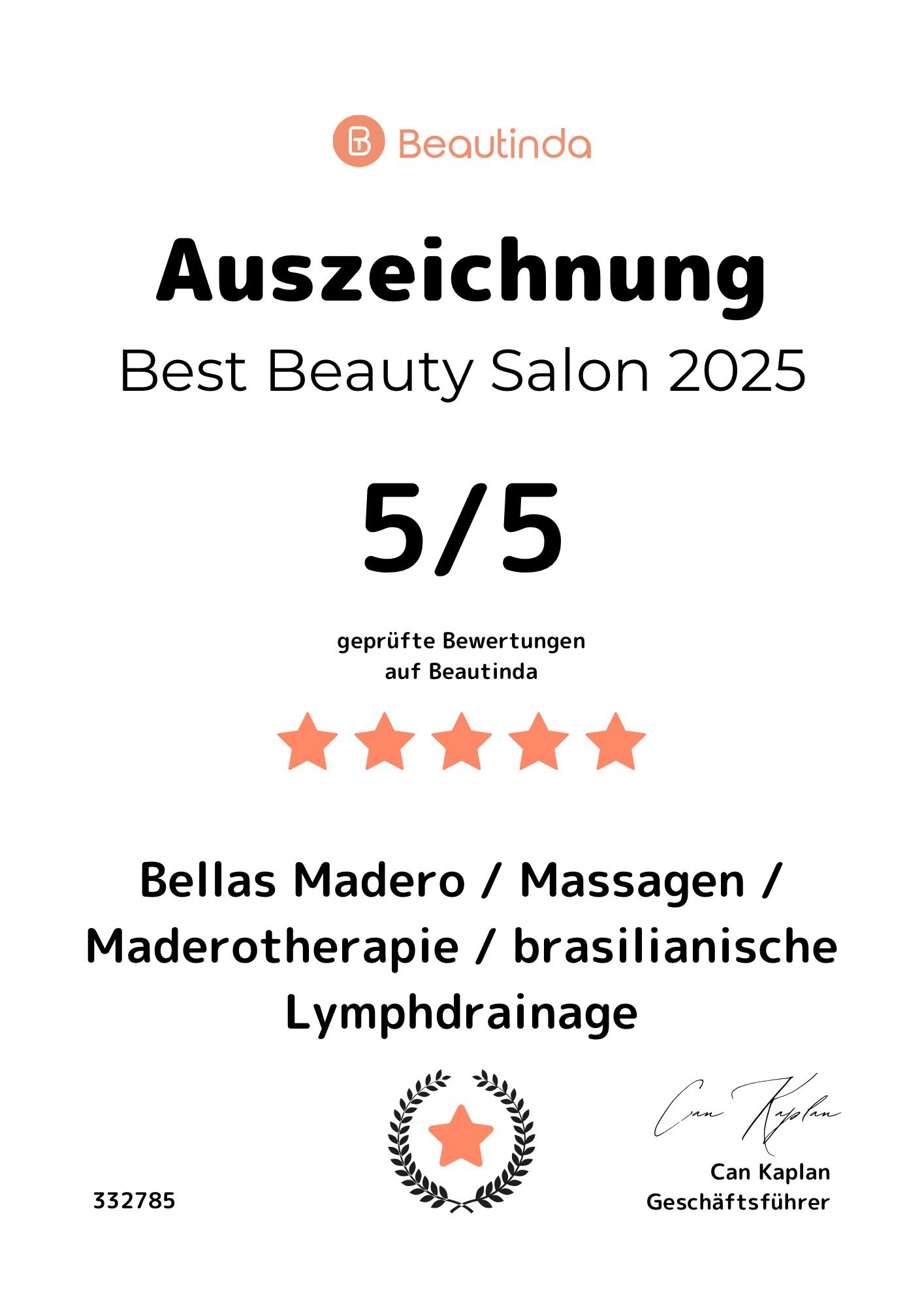 Auszeichnung Best Beauty Salon 2025 für Bellas Madero, 5 von 5 Sternen